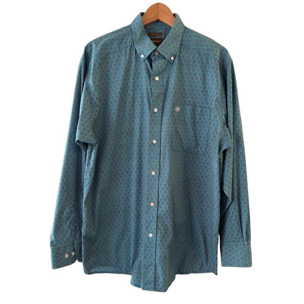 Ariat Men’s Button Up Collared Long Sleeve Cotton Shirt Stretch Blue Size Large